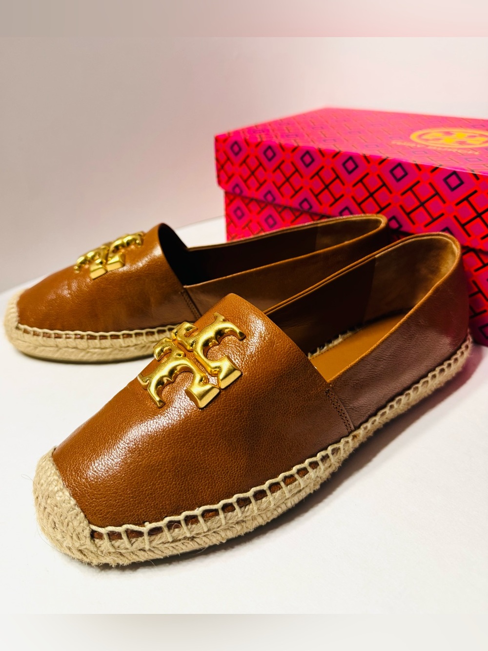 Tory Burch Eleanor Leather Espadrilles Flats Brown Bourbon Gold Logo Size 6.5 - Picture 5 of 6
